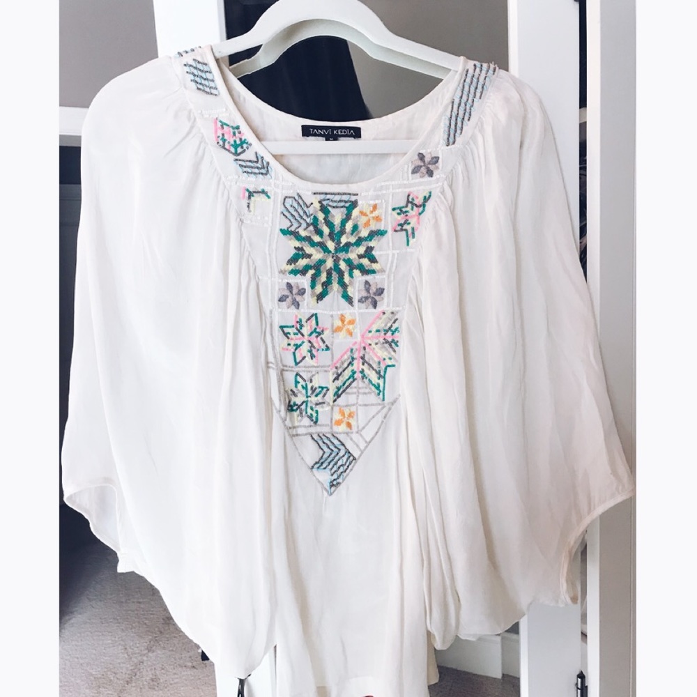 Anthropologie White Silky Beaded Top